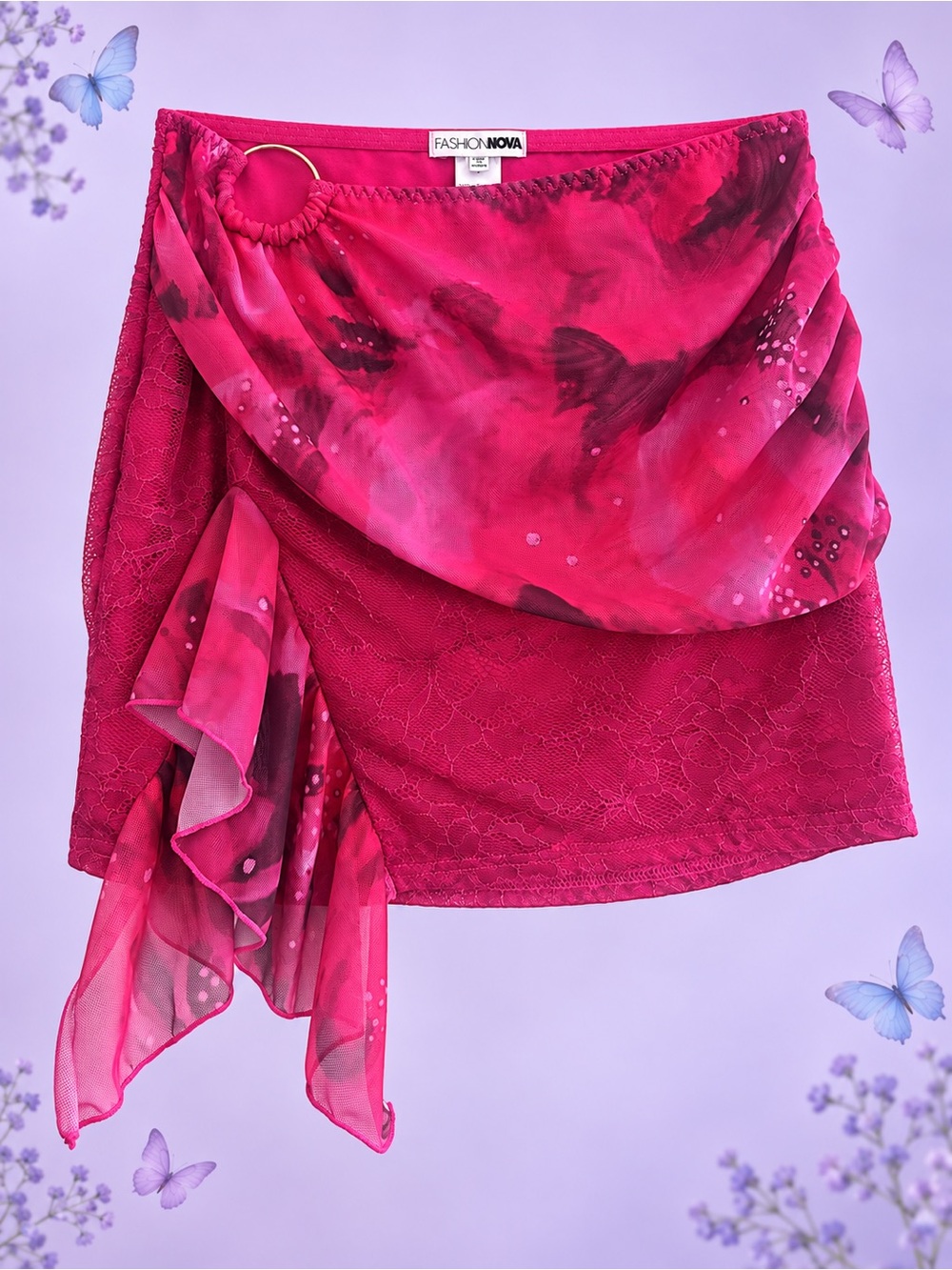 Fashion Nova Fuchsia Floral Draped Mini Skirt with Ring Detail